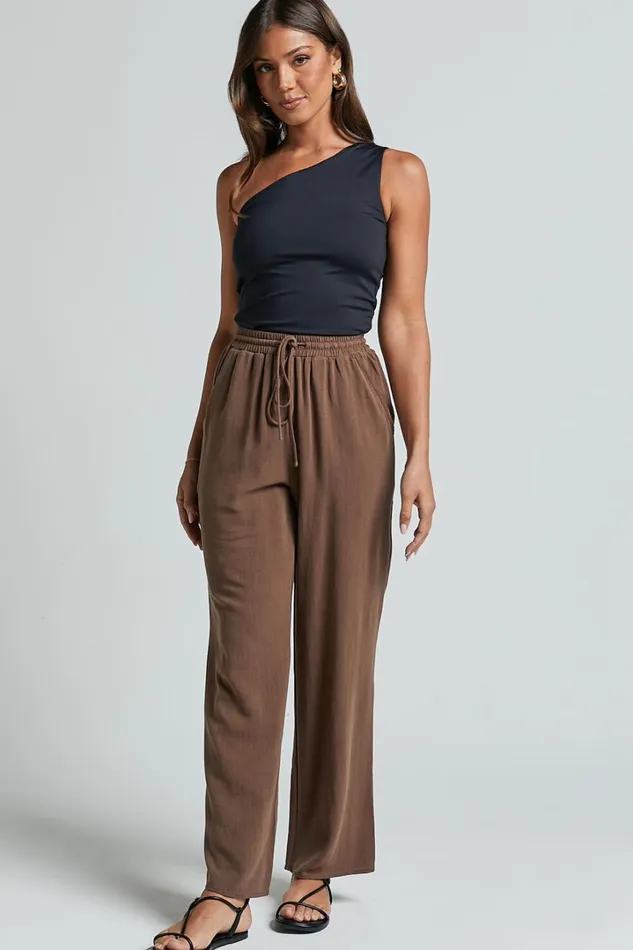 Kala Pants 8211 Mid Waisted Relaxed Elastic Waist Pants In Chocolate Women Showpo Pants