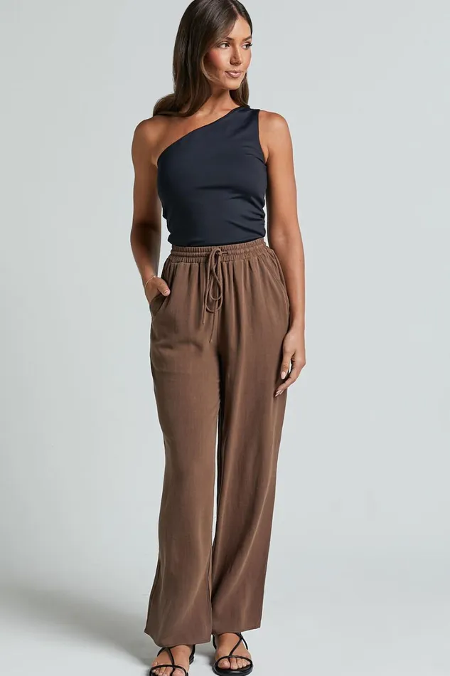Kala Pants 8211 Mid Waisted Relaxed Elastic Waist Pants In Chocolate Women Showpo Pants