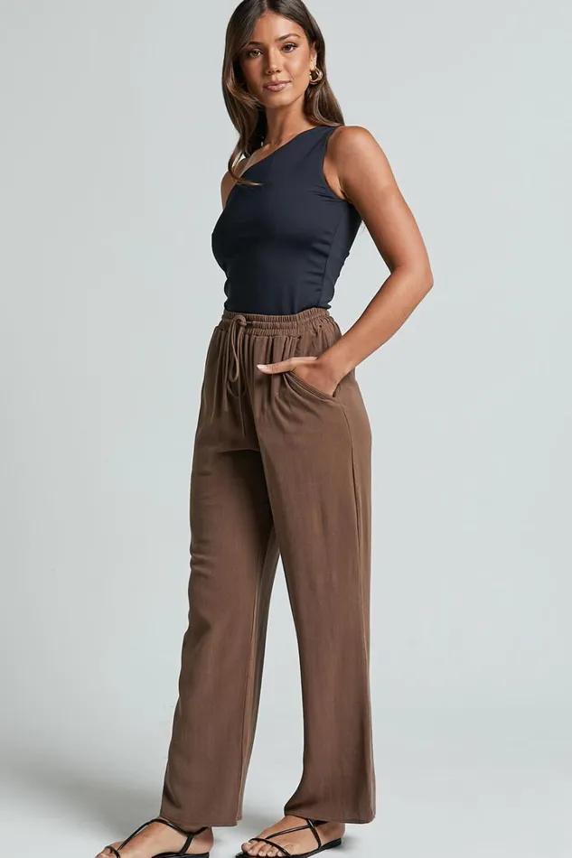 Kala Pants 8211 Mid Waisted Relaxed Elastic Waist Pants In Chocolate Women Showpo Pants