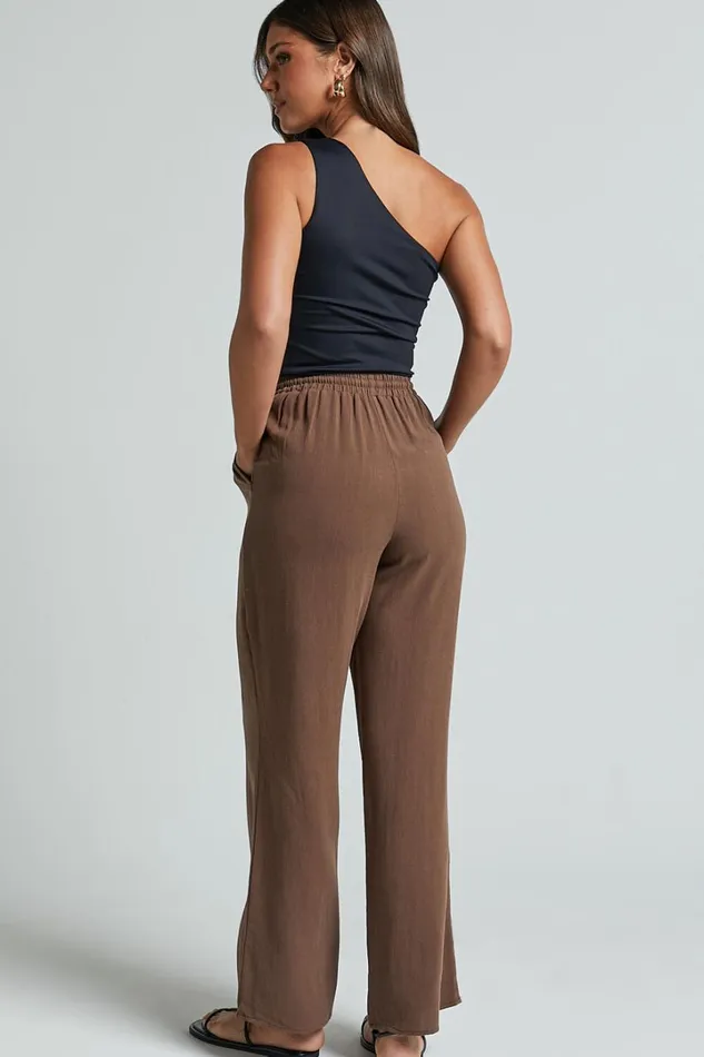 Kala Pants 8211 Mid Waisted Relaxed Elastic Waist Pants In Chocolate Women Showpo Pants