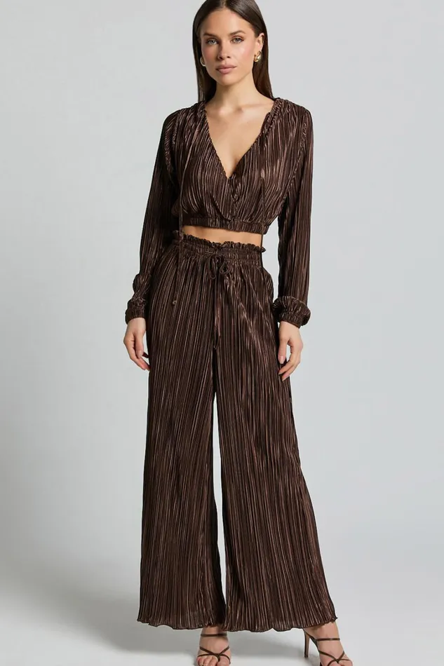Kallie Pants 8211 High Waist Drawstring Plisse Pants In Chocolate Women Showpo Pants