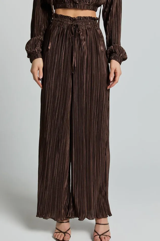 Kallie Pants 8211 High Waist Drawstring Plisse Pants In Chocolate Women Showpo Pants