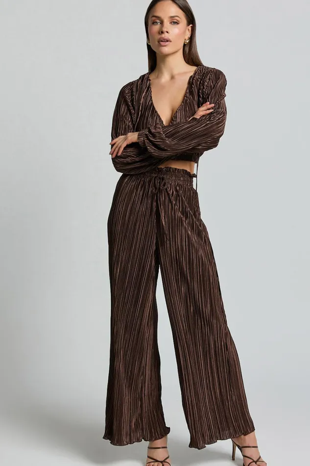 Kallie Pants 8211 High Waist Drawstring Plisse Pants In Chocolate Women Showpo Pants