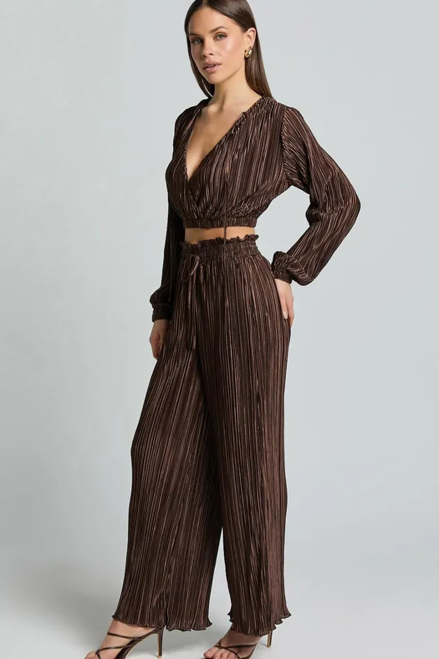 Kallie Pants 8211 High Waist Drawstring Plisse Pants In Chocolate Women Showpo Pants