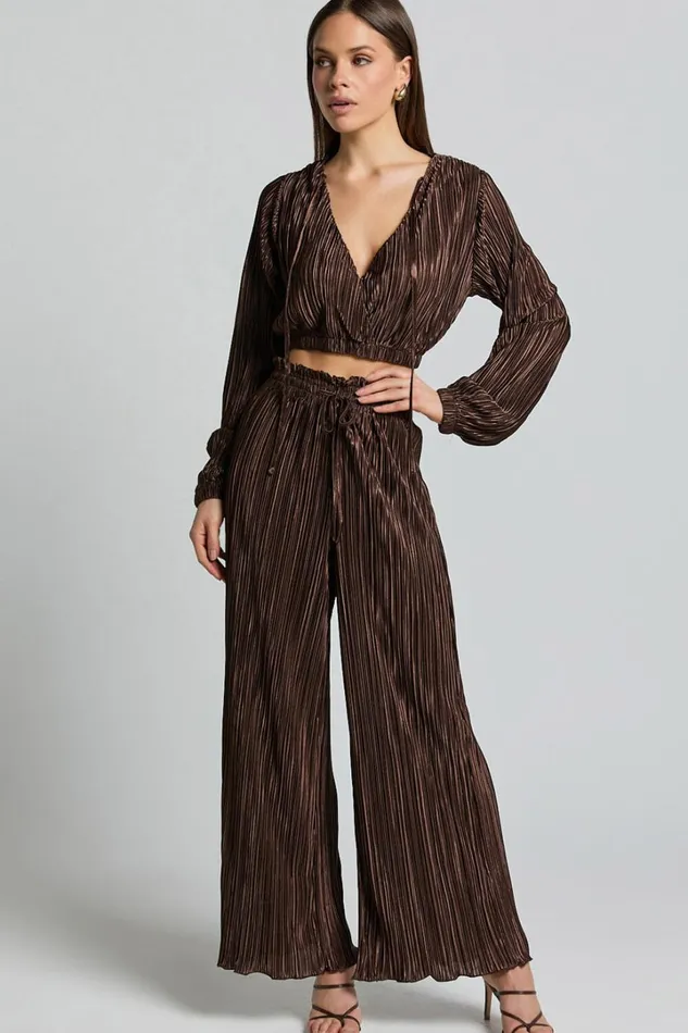 Kallie Pants 8211 High Waist Drawstring Plisse Pants In Chocolate Women Showpo Pants