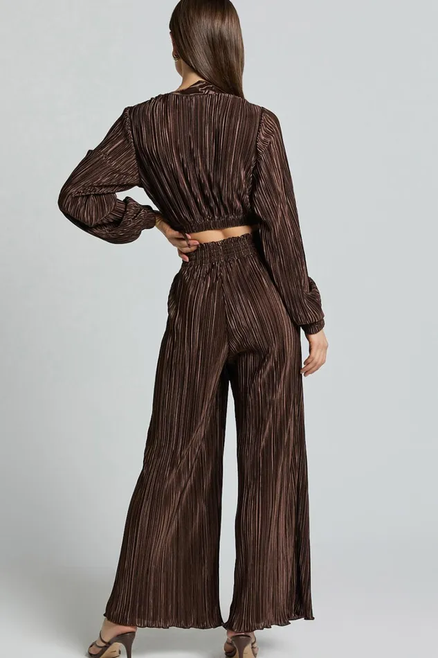 Kallie Pants 8211 High Waist Drawstring Plisse Pants In Chocolate Women Showpo Pants