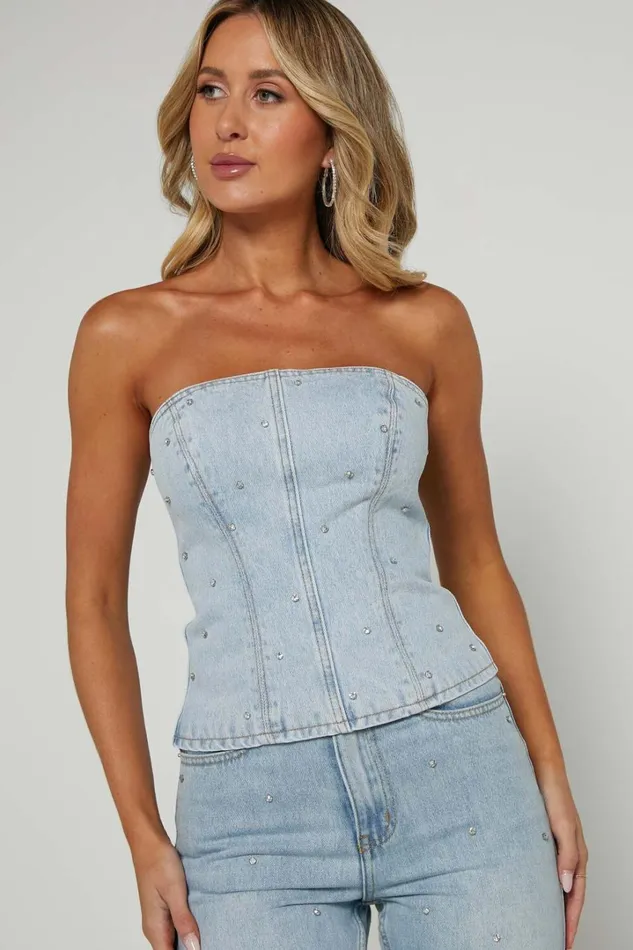 Karter Top 8211 Rhinestone Denim Strapless Top In Light Blue Wash Women Showpo Denim