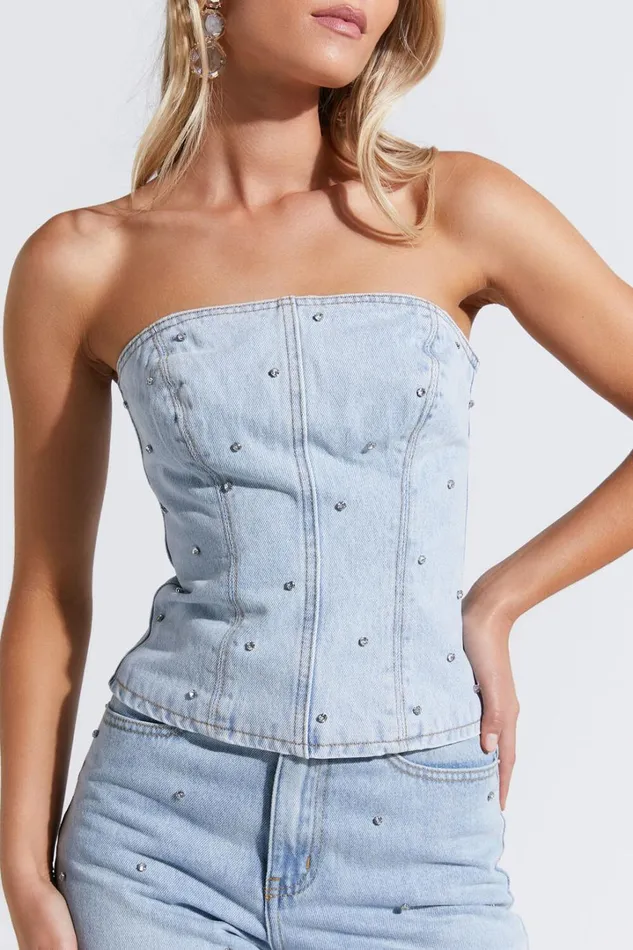 Karter Top 8211 Rhinestone Denim Strapless Top In Light Blue Wash Women Showpo Denim