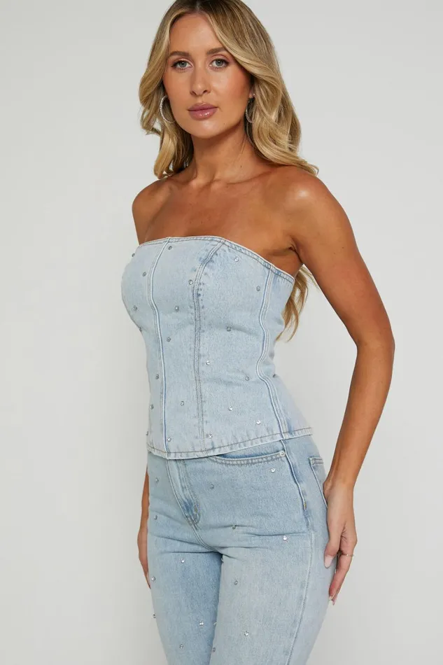 Karter Top 8211 Rhinestone Denim Strapless Top In Light Blue Wash Women Showpo Denim