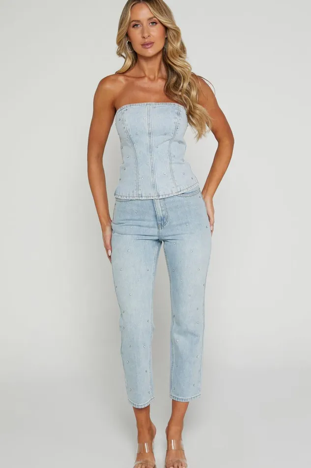 Karter Top 8211 Rhinestone Denim Strapless Top In Light Blue Wash Women Showpo Denim