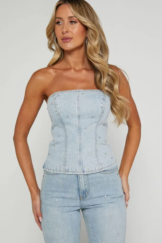 Karter Top 8211 Rhinestone Denim Strapless Top In Light Blue Wash Women Showpo Denim