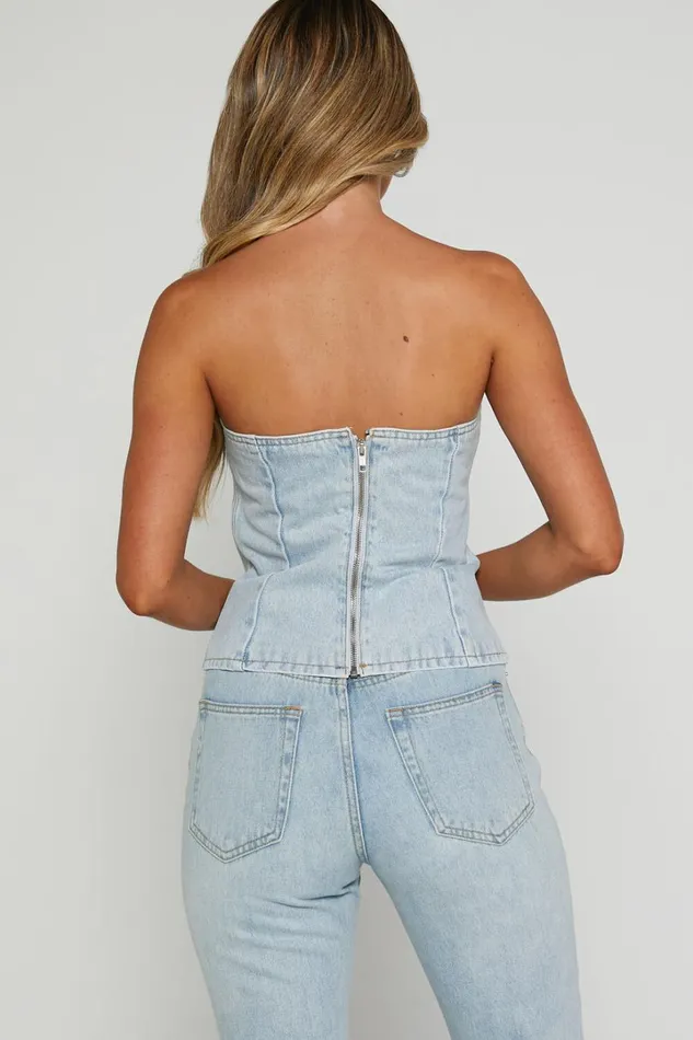 Karter Top 8211 Rhinestone Denim Strapless Top In Light Blue Wash Women Showpo Denim