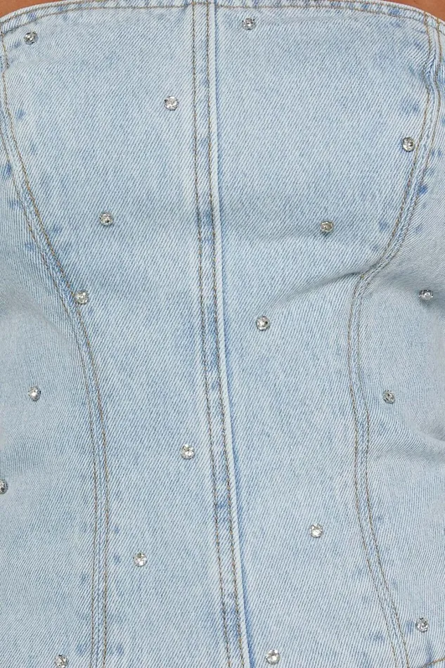 Karter Top 8211 Rhinestone Denim Strapless Top In Light Blue Wash Women Showpo Denim