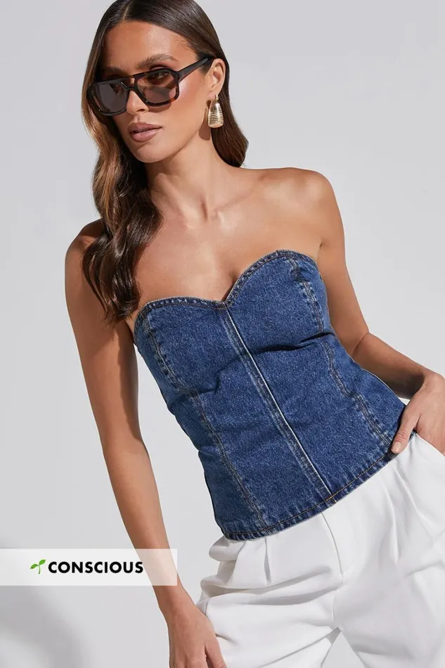 Kendra Top 8211 Denim Bustier Sweetheart Neck Strapless Corset In Dark Wash Women Showpo Denim Kendra Top 8211 Denim Bustier Sweetheart Neck Strapless Corset In Dark Wash Women Showpo Denim