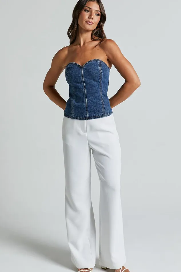 Kendra Top 8211 Denim Bustier Sweetheart Neck Strapless Corset In Dark Wash Women Showpo Denim