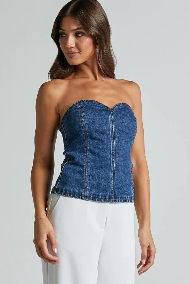 Kendra Top 8211 Denim Bustier Sweetheart Neck Strapless Corset In Dark Wash Women Showpo Denim