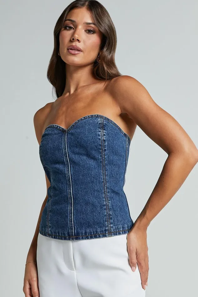Kendra Top 8211 Denim Bustier Sweetheart Neck Strapless Corset In Dark Wash Women Showpo Denim