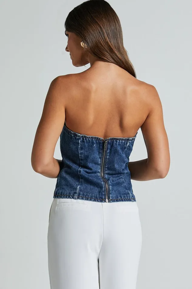 Kendra Top 8211 Denim Bustier Sweetheart Neck Strapless Corset In Dark Wash Women Showpo Denim
