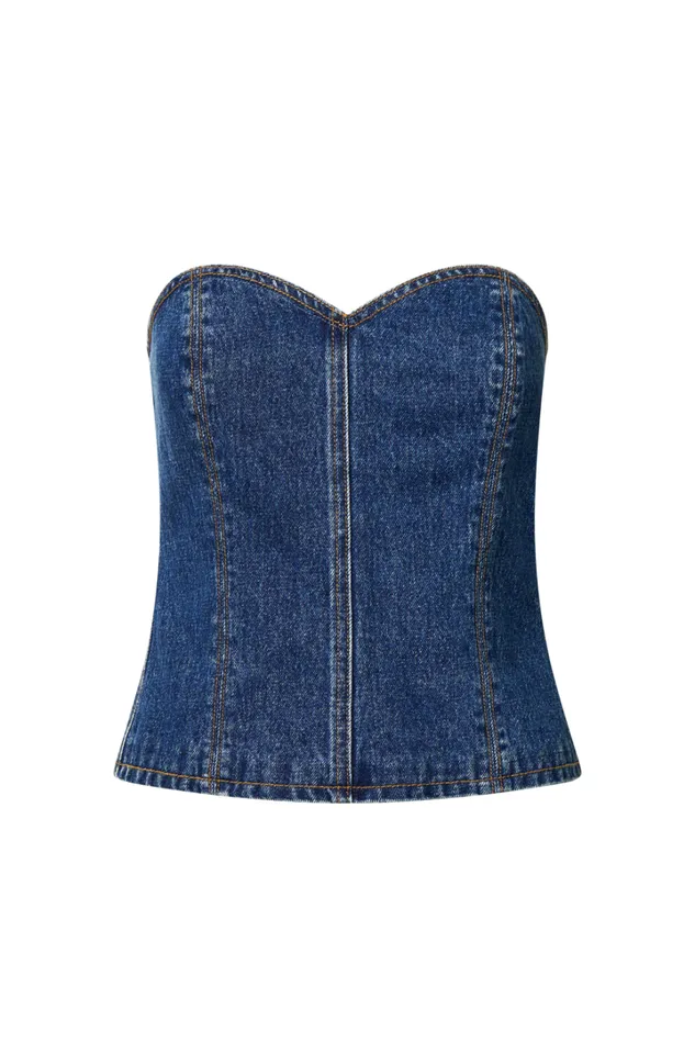 Kendra Top 8211 Denim Bustier Sweetheart Neck Strapless Corset In Dark Wash Women Showpo Denim