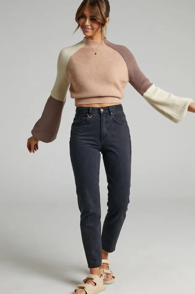 Kensley Jumper 8211 Colour Block Turtleneck Balloon Sleeve Knit Jumper In Beige Women Showpo Knitwear