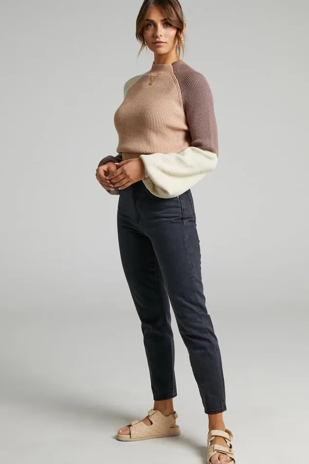 Kensley Jumper 8211 Colour Block Turtleneck Balloon Sleeve Knit Jumper In Beige Women Showpo Knitwear
