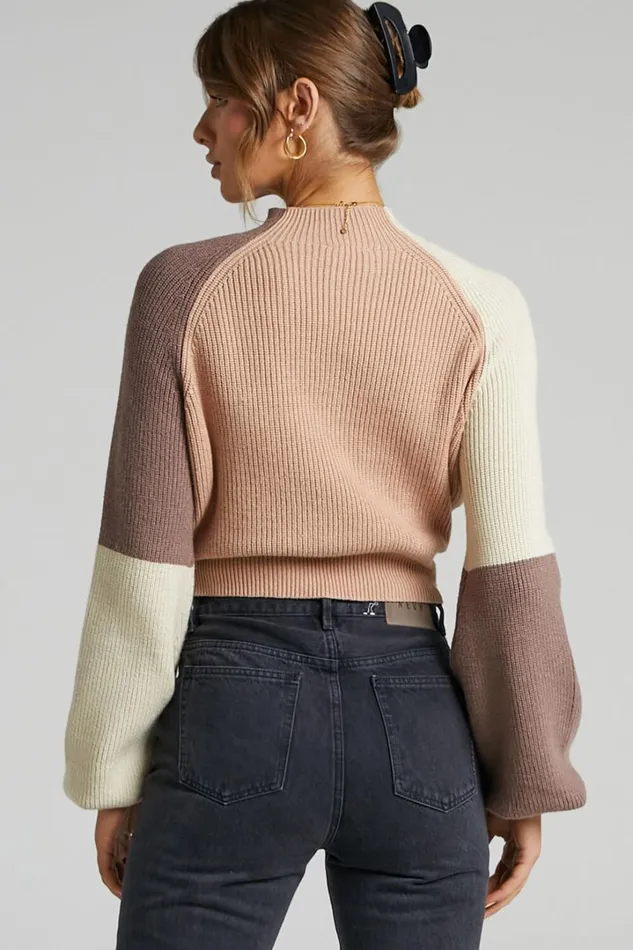 Kensley Jumper 8211 Colour Block Turtleneck Balloon Sleeve Knit Jumper In Beige Women Showpo Knitwear