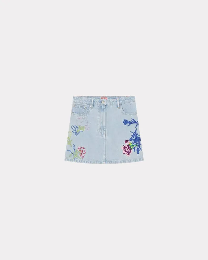 Kenzo Dresses And Skirts Women Drawn Flowers039 Embroidered Mini Skirt Stone Bleached Blue Denim