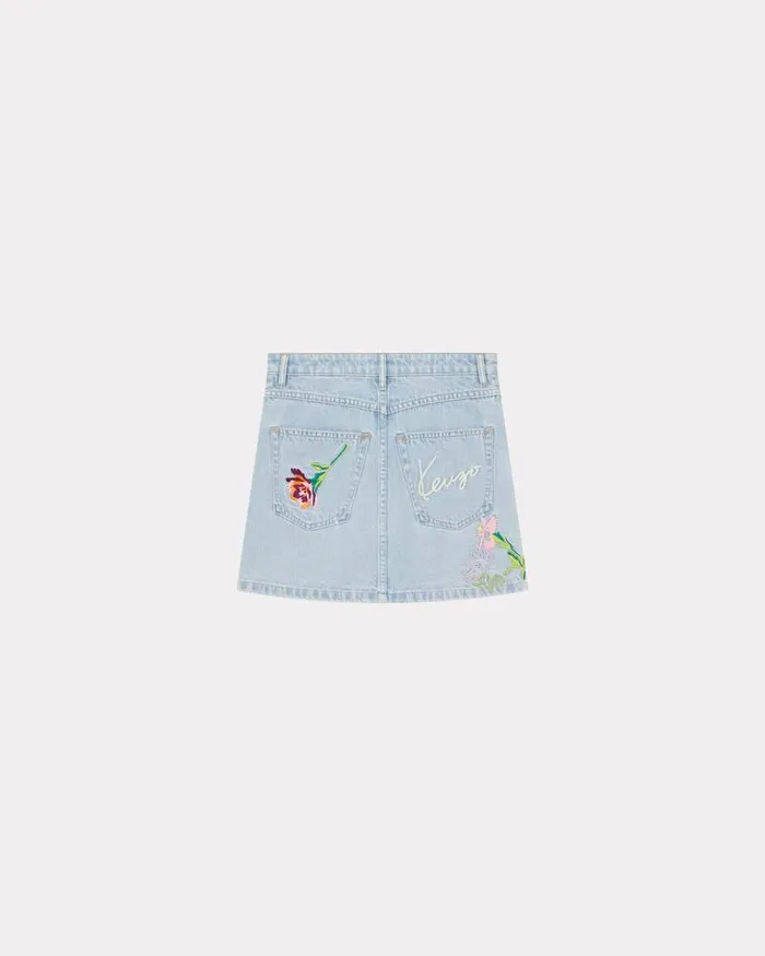 Kenzo Dresses And Skirts Women Drawn Flowers039 Embroidered Mini Skirt Stone Bleached Blue Denim