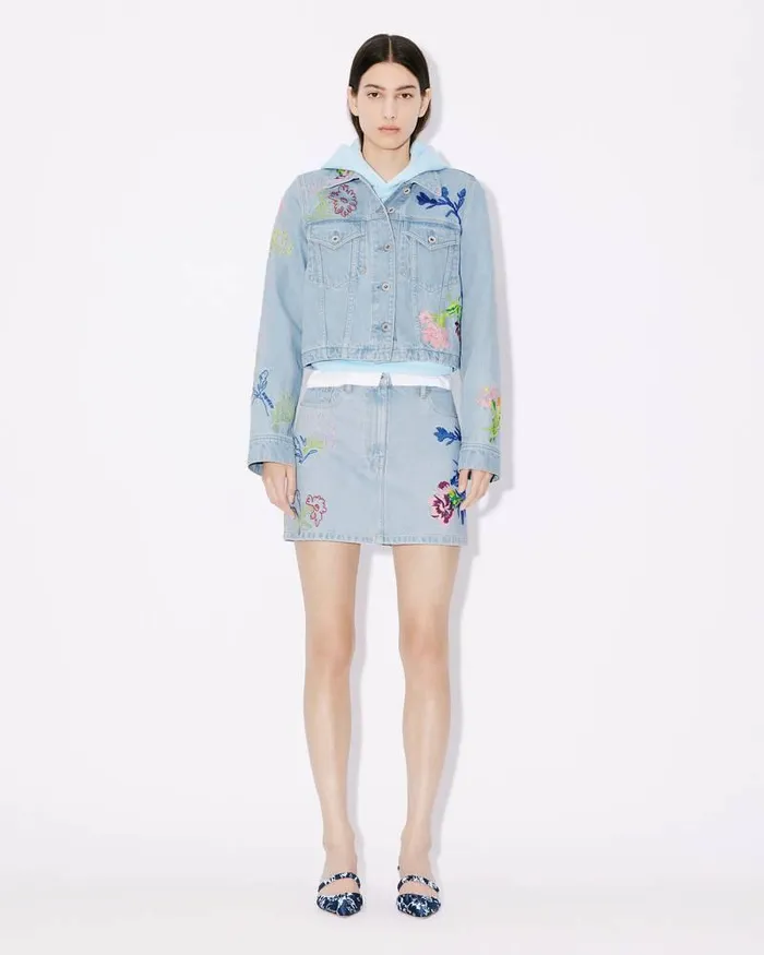 Kenzo Dresses And Skirts Women Drawn Flowers039 Embroidered Mini Skirt Stone Bleached Blue Denim