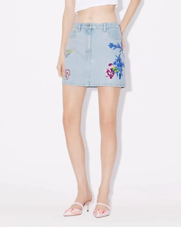 Kenzo Dresses And Skirts Women Drawn Flowers039 Embroidered Mini Skirt Stone Bleached Blue Denim