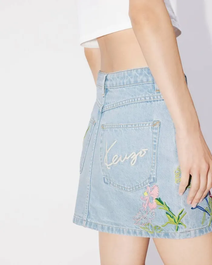 Kenzo Dresses And Skirts Women Drawn Flowers039 Embroidered Mini Skirt Stone Bleached Blue Denim