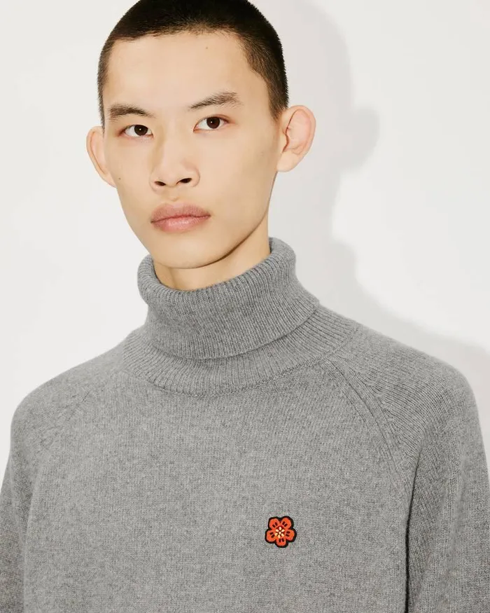 Kenzo Knitwear Men 039Boke Flower039 Embroidered Roll Neck Jumper Pearl Grey