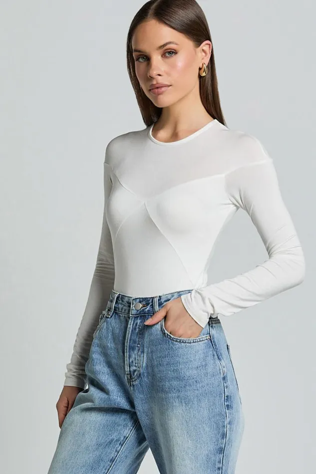 Kerryn Bodysuit 8211 Long Sleeve Marl Cross Front Bodysuit In Ivory Women Showpo Conscious