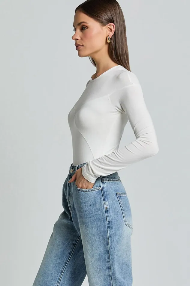 Kerryn Bodysuit 8211 Long Sleeve Marl Cross Front Bodysuit In Ivory Women Showpo Conscious