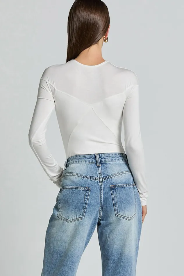 Kerryn Bodysuit 8211 Long Sleeve Marl Cross Front Bodysuit In Ivory Women Showpo Conscious