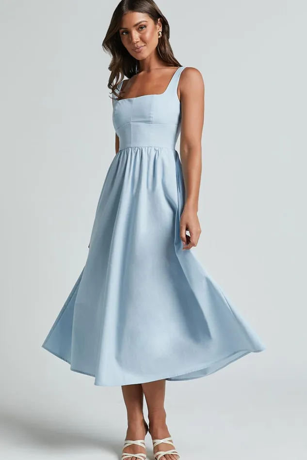 Khari Midi Dress 8211 Linen Look Square A Line Dress In Blue Women Showpo Dresses
