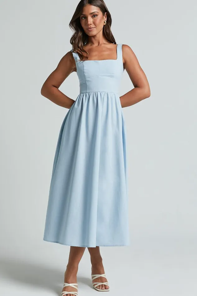 Khari Midi Dress 8211 Linen Look Square A Line Dress In Blue Women Showpo Dresses