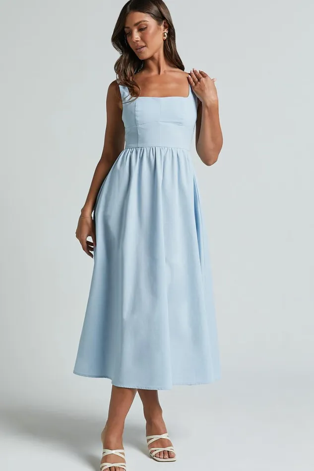Khari Midi Dress 8211 Linen Look Square A Line Dress In Blue Women Showpo Dresses