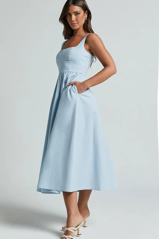 Khari Midi Dress 8211 Linen Look Square A Line Dress In Blue Women Showpo Dresses