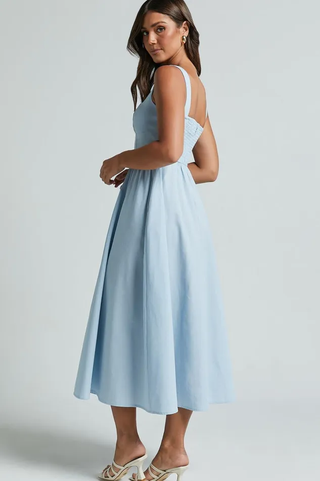 Khari Midi Dress 8211 Linen Look Square A Line Dress In Blue Women Showpo Dresses