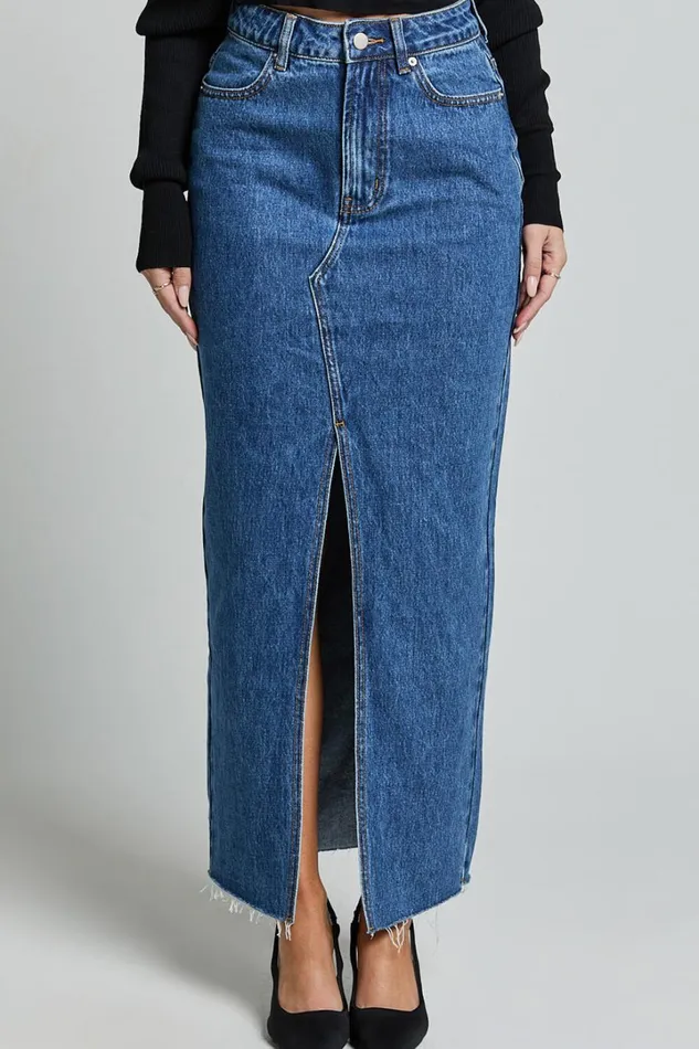 Kira Midi Skirt 8211 Front Split Denim Skirt In Dark Blue Wash Women Showpo Curve Clothes