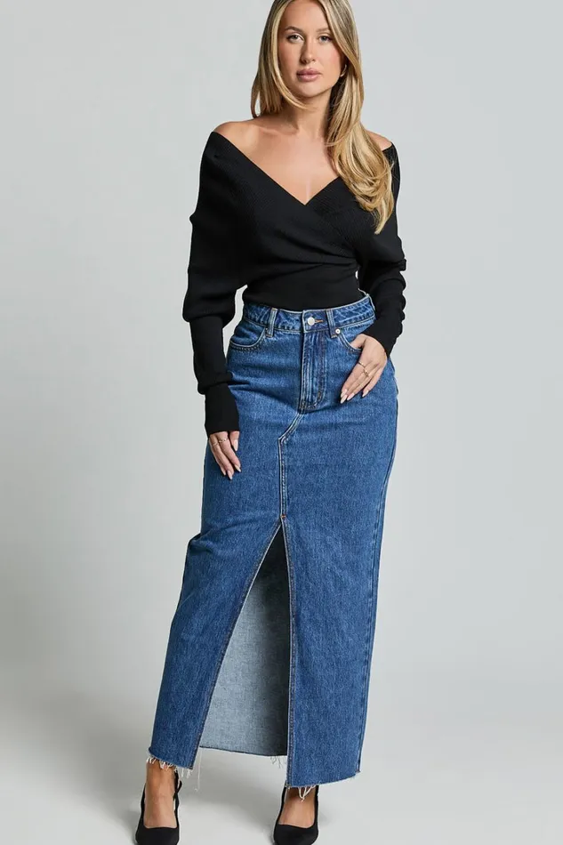 Kira Midi Skirt 8211 Front Split Denim Skirt In Dark Blue Wash Women Showpo Curve Clothes