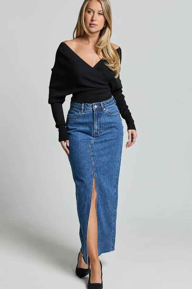 Kira Midi Skirt 8211 Front Split Denim Skirt In Dark Blue Wash Women Showpo Curve Clothes
