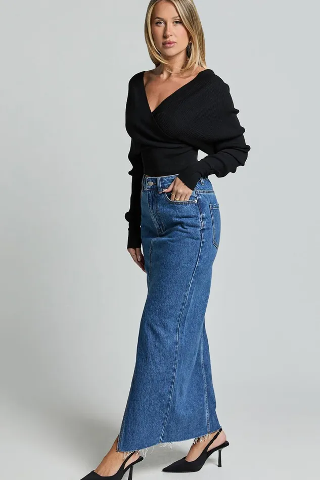 Kira Midi Skirt 8211 Front Split Denim Skirt In Dark Blue Wash Women Showpo Curve Clothes