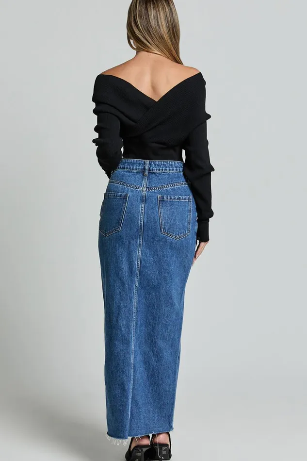 Kira Midi Skirt 8211 Front Split Denim Skirt In Dark Blue Wash Women Showpo Curve Clothes