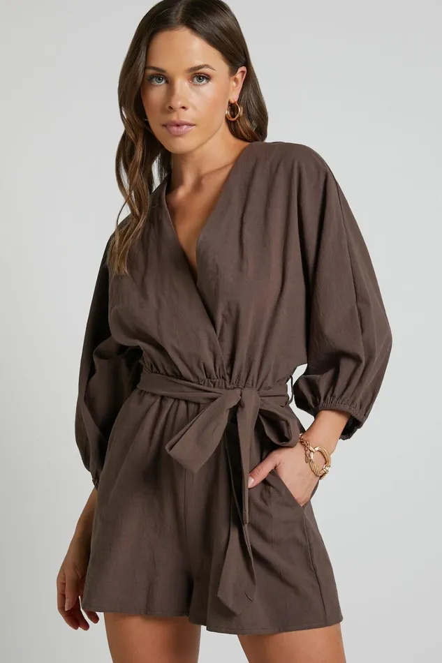 Kiro Playsuit 8211 Linen Look V Neck Puff Sleeve Tie Waist Playsuit In Chocolate Women Showpo Rompers Kiro Playsuit 8211 Linen Look V Neck Puff Sleeve Tie Waist Playsuit In Chocolate Women Showpo Rompers