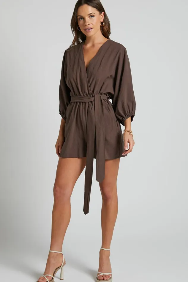 Kiro Playsuit 8211 Linen Look V Neck Puff Sleeve Tie Waist Playsuit In Chocolate Women Showpo Rompers