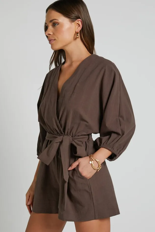 Kiro Playsuit 8211 Linen Look V Neck Puff Sleeve Tie Waist Playsuit In Chocolate Women Showpo Rompers
