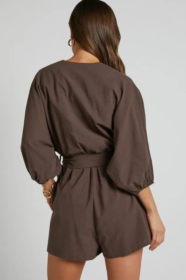 Kiro Playsuit 8211 Linen Look V Neck Puff Sleeve Tie Waist Playsuit In Chocolate Women Showpo Rompers