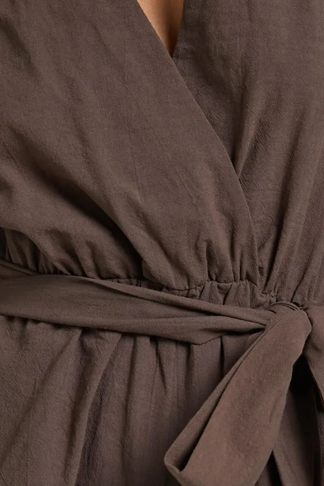 Kiro Playsuit 8211 Linen Look V Neck Puff Sleeve Tie Waist Playsuit In Chocolate Women Showpo Rompers